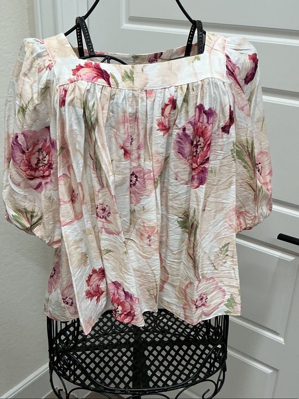 H&M White Floral Square-Neck Blouse with Pink & Green Blooms